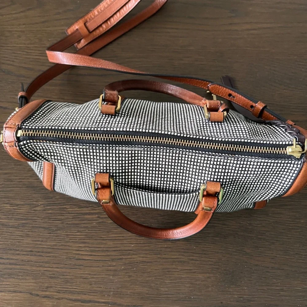 Fossil Rachel Satchel Black White Woven Dotted Leather Trim Crossbody Bag